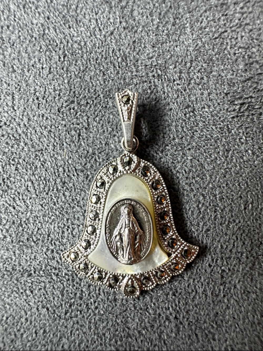 Sterling Silver Marcasite Religious Bell Pendant in Silver